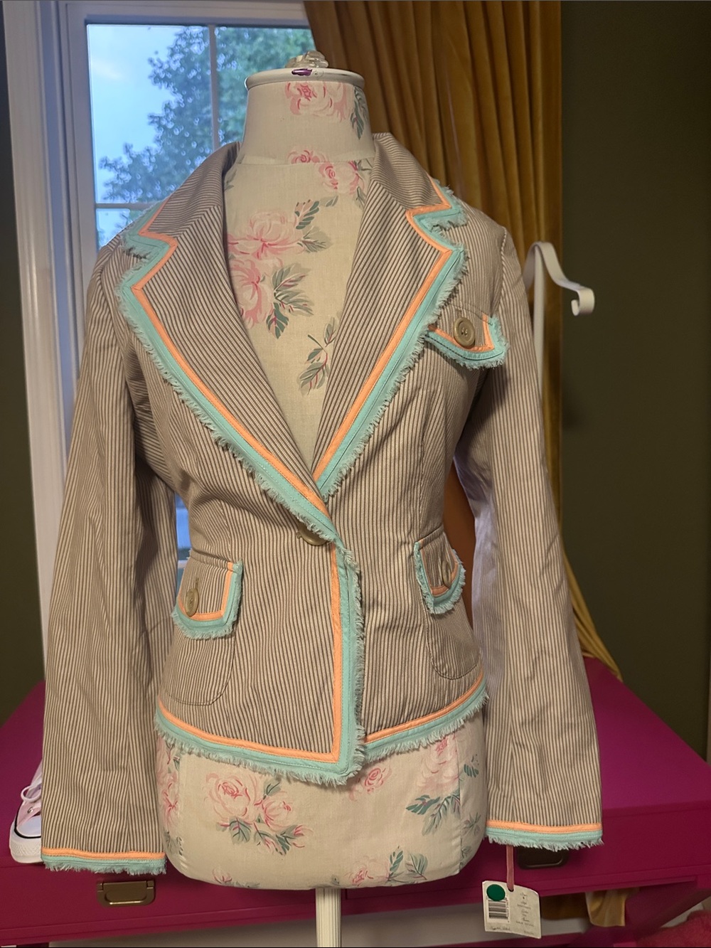 Striped Blazer with Aqua & Coral Trim